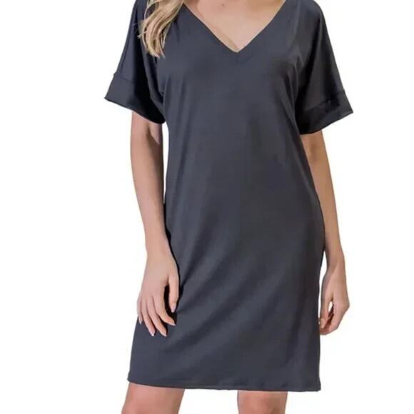 Navy Blue V-neck Jersey T-shirt Dress Short Sleeve Tunic Casual Minimalist S NWT - Picture 1 of 8